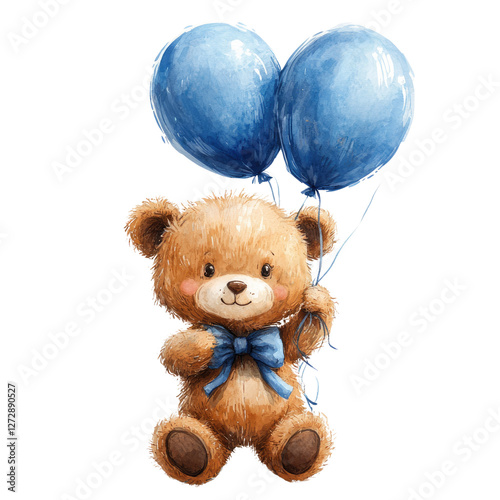 Cute bear with blue balloons isolated on transparent background