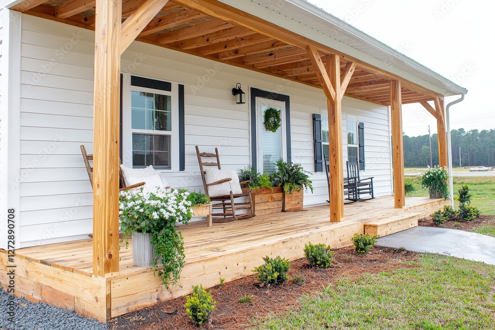 Inviting Front Porch with Rocking Chairs and Lush Greenery Capturing Serene Home Exterior and Rustic Charm in Natural Light Inviting Front Porch with Rocking Chairs and Lush Greenery Capturing Serene Home Exterior and Rustic Charm in Natural Light