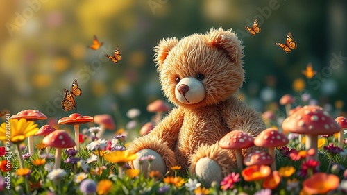 Cute Teddy Bear in Flower Field with Mushrooms & Butterflies - AI Photo