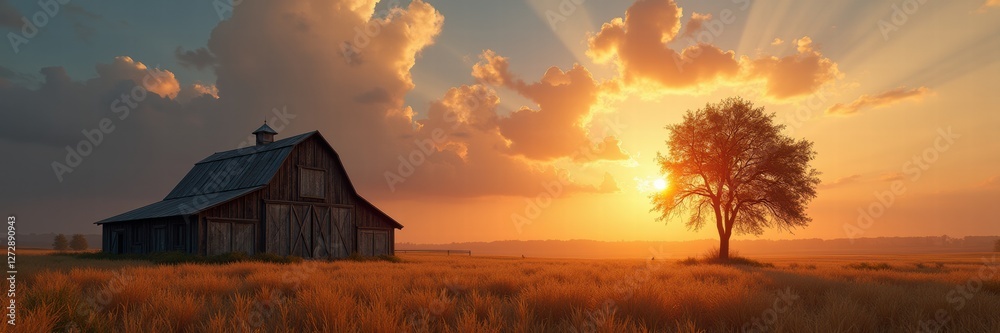 Captivating sunrise over a rustic barn, highlighting the beauty of nature and rural life. Perfect for agricultural, lifestyle, and travel projects.