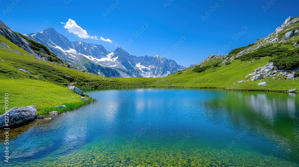 Fototapeta premium Serene alpine lake reflects snow capped mountains under a blue sky