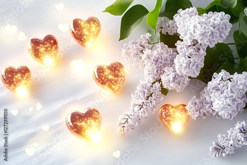 Magical Women's Day poster with glowing heart orbs and magical white lilacs on a mystical white background.