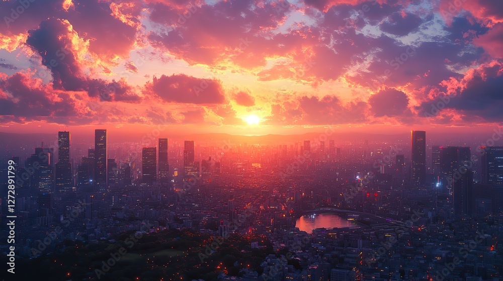 Fototapeta premium evening sunset view in anime wallpaper background peaceful sunset view romantic anime art style digital art illustration painting sunset over the city