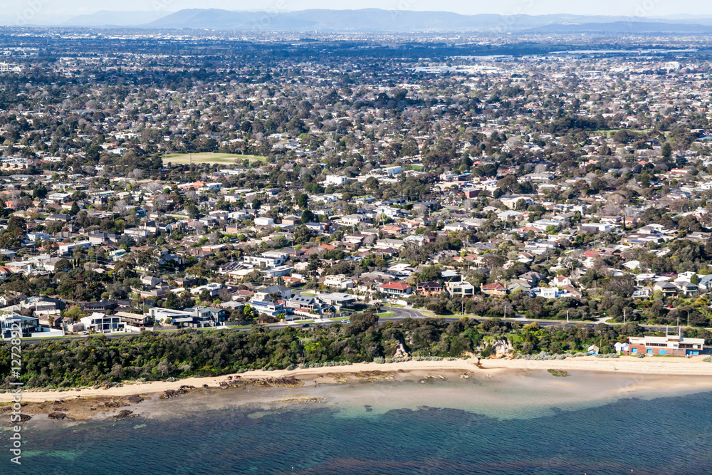 Obraz premium Beaumaris Melbourne aerial view Ricketts Point coastal suburb Port Phillip Bay residential housing Victoria Australia