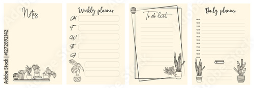Set of weekly, daily planner pages, notes and to do list templates decorated by hand drawn house plant sketches. Modern scheduler or organizer. Vector monochrome illustrations. 