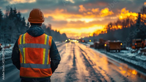 experienced civil engineer overseeing road construction progress at expressway project