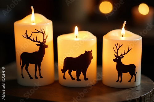 Candles decorated with painted animal silhouettes, showcasing wildlife designs. creativity hobby and handicrafts, diy, background for design. photo