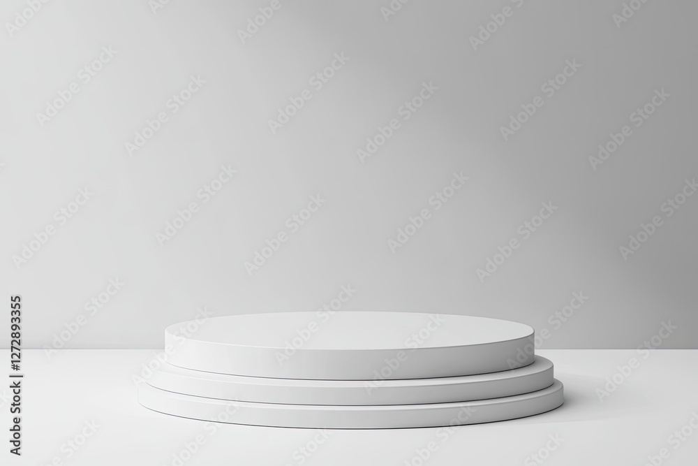 White tiered display platform, studio backdrop, product presentation White tiered display platform, studio backdrop, product presentation