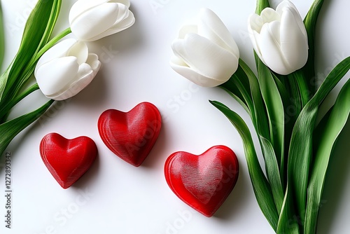 Modern Women's Day poster featuring 3D printed hearts and sleek white tulips on an ultra-modern white canvas.