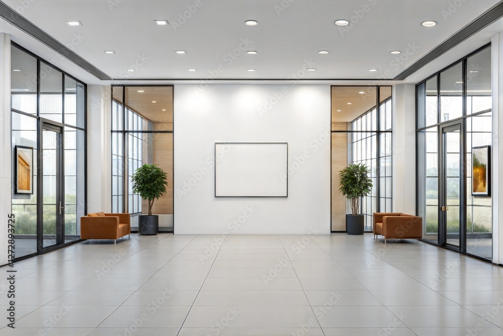 Fototapeta premium Office lobby with a large white wall and two meeting rooms