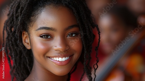 Smiling girl with dreadlocks, indoor setting photo