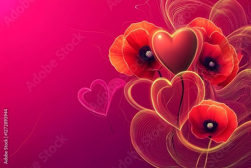 Modernist Women's Day banner with abstract hearts and minimalist poppy flowers on a neon pink canvas.