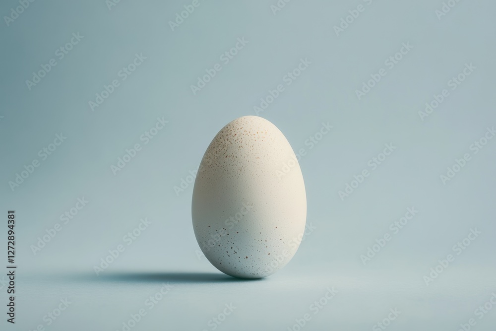 A speckled egg stands on a smooth powder blue surface A speckled egg stands on a smooth powder blue surface