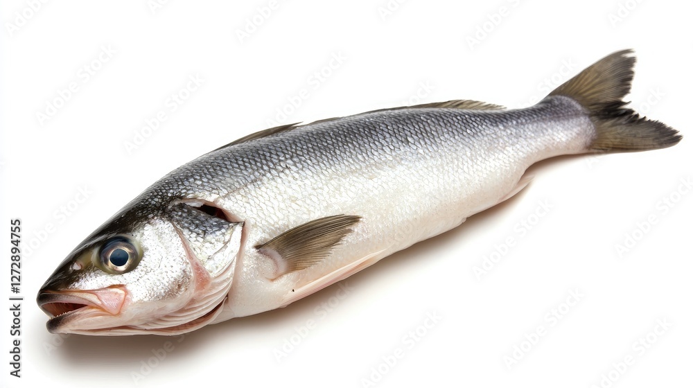 A raw sea bass fillet, isolated on white, showcasing its smooth texture and mild flavor, perfect for grilling or sashimi A raw sea bass fillet, isolated on white, showcasing its smooth texture and mild flavor, perfect for grilling or sashimi