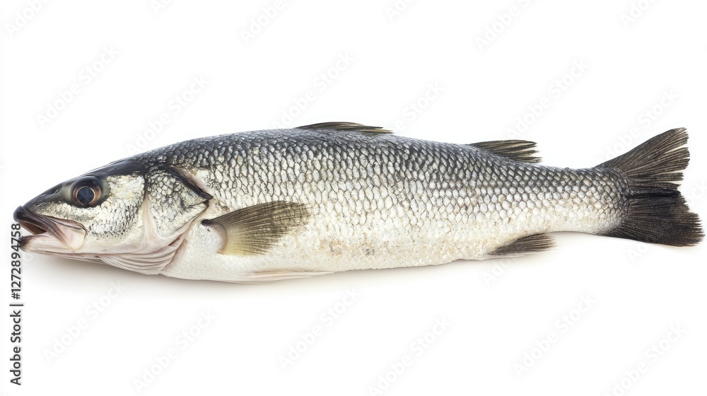 A raw sea bass fillet, isolated on white, showcasing its smooth texture and mild flavor, perfect for grilling or sashimi A raw sea bass fillet, isolated on white, showcasing its smooth texture and mild flavor, perfect for grilling or sashimi