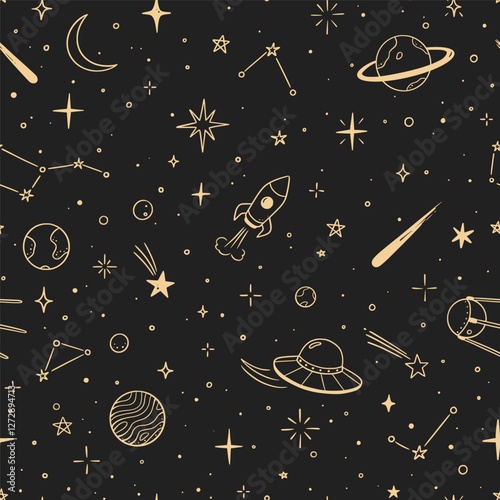 Space star galaxy vector seamless pattern. Hand drawn doodle sketch line style galaxy planet star, rocket, moon cute sky background. Space planet kid doodle universe pattern. Vector illustration