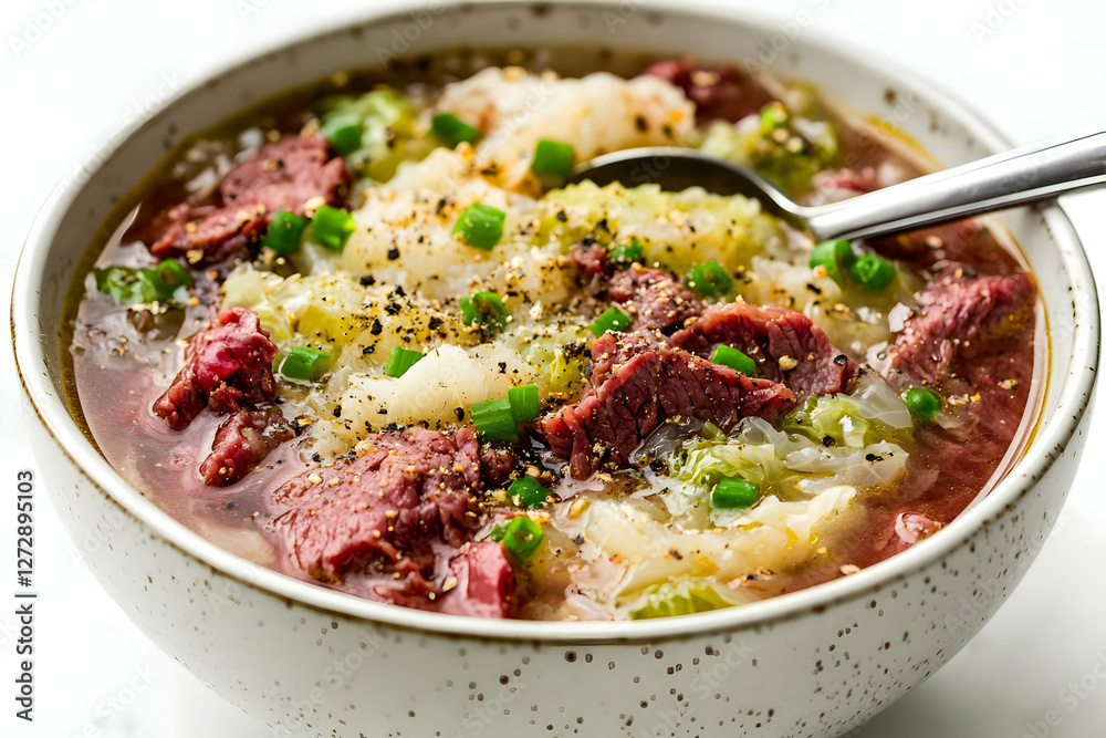 Hearty Corned Beef Cabbage Soup, close-up, white background, recipe Hearty Corned Beef Cabbage Soup, close-up, white background, recipe
