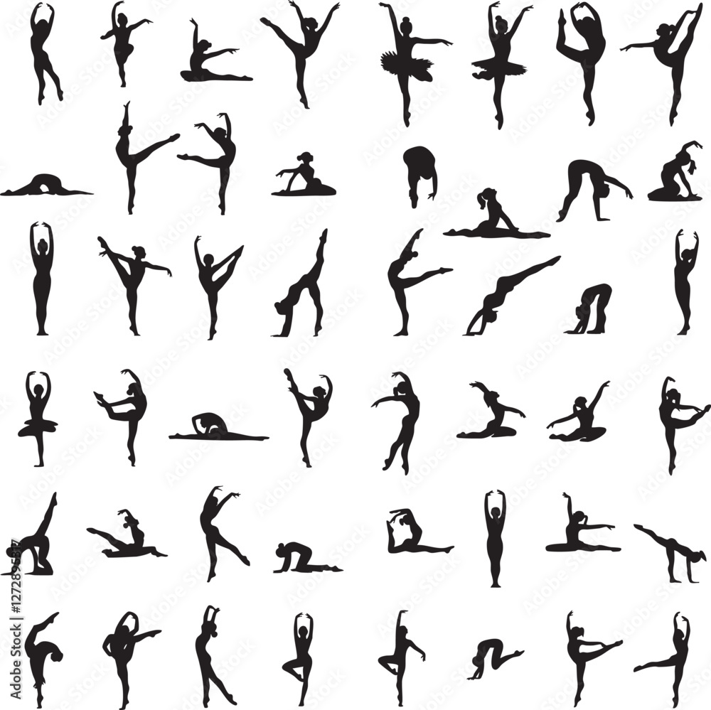 Silhouette of a Gymnast, Dancer, and Ballerina: A Set of Flexible Poses Showcasing Female Athletes in Motion. Silhouette of a Gymnast, Dancer, and Ballerina: A Set of Flexible Poses Showcasing Female Athletes in Motion.