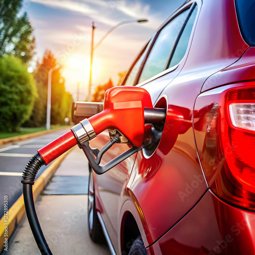 A red car refueling at a gas station under bright daylight, with a fuel pump nozzle in action.
