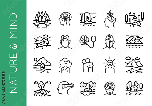 Nature and Mind Icon Set. Set of 20 trendy minimal icons related to emotional well-being and psychological health, as therapy, stress, addiction, mindfulness. Vector illustrations