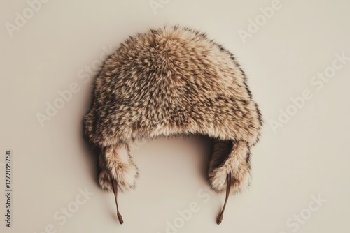 Furry trapper hat on a plain off white background
