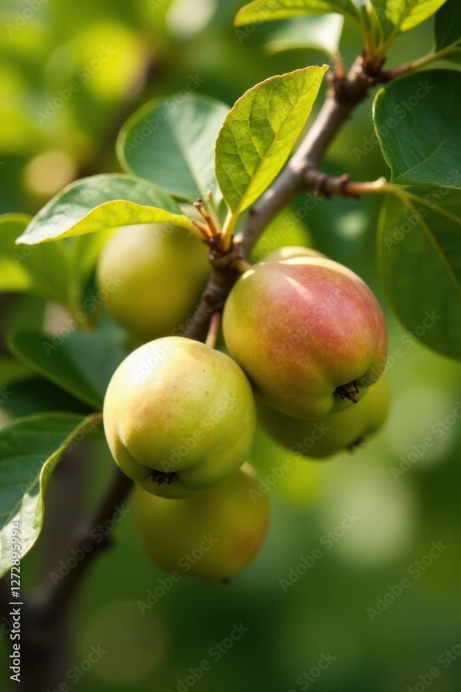 Close-up view of several small, ripening fruits hanging from a branch with vibrant green leaves in soft sunlight Close-up view of several small, ripening fruits hanging from a branch with vibrant green leaves in soft sunlight