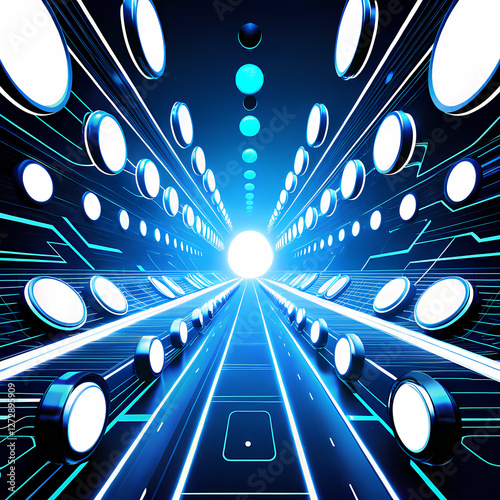 Sci-fi laser beam tunnel with glowing blue light 