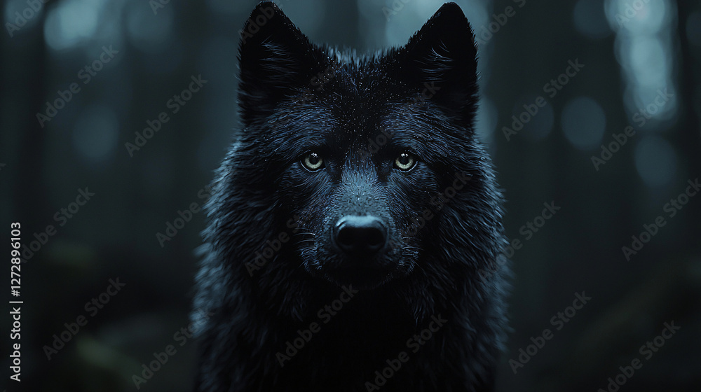 Naklejka premium Black wolf intense gaze dramatic backlight glowing eyes dark background wild predator moody lighting fine art photography minimalistic elegant isolated silhouette artistic aesthetic calm zen pet print