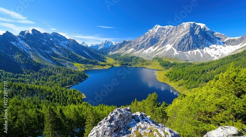 Deep blue mountain lake surrounded by forests and snow capped peaks