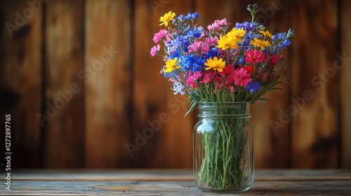Colorful wildflowers in mason jar on wooden table