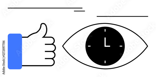 Thumbs-up gesture next to an eye with a clock in its center, minimal black and blue design. Ideal for time management, efficiency, goals, deadlines, focus, approval, abstract line flat metaphor