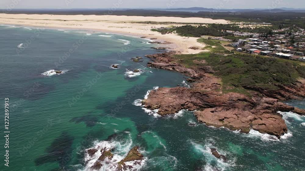 Birubi Point, Birubi Beach In Anna Bay, NSW, Australia - Drone Shot Birubi Point, Birubi Beach In Anna Bay, NSW, Australia - Drone Shot