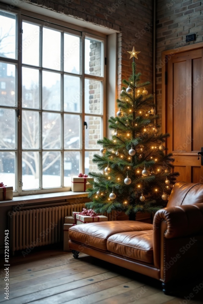 Fototapeta premium A Festive Christmas Tree Illuminates a Cozy Leather Chaise Lounge Beside a Window with a Snowy View