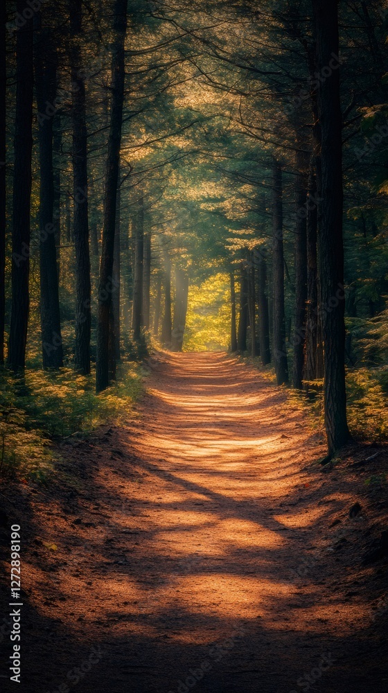 Fototapeta premium Sun shining on a path going through a forest