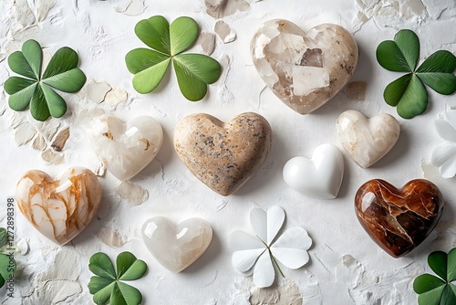 Natural Women's Day poster with natural heart stones and natural white clovers on an eco-friendly white canvas.