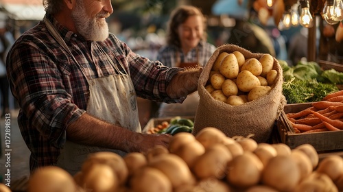 Rustic Farmer s Market Stall with Bountiful Potato Harvest and Vibrant Produce Display photo