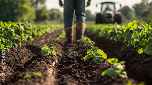 Expansive German Potato Plantation with Farmer and Tractor in Lush Greenery
