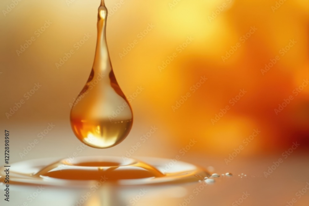 Amber liquid droplet falling onto a smooth surface, creating ripples and small bubbles, set against a warm, blurred background. Amber liquid droplet falling onto a smooth surface, creating ripples and small bubbles, set against a warm, blurred background.