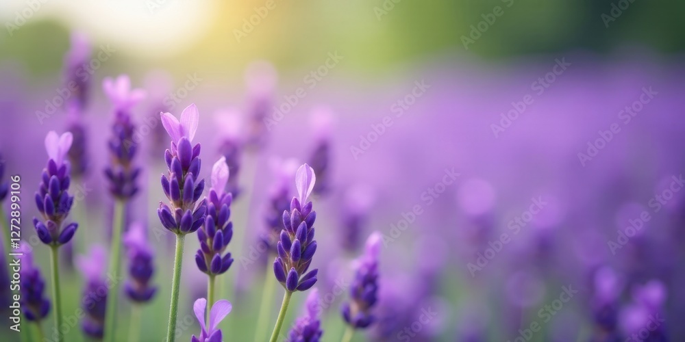 Fototapeta premium Serene Lavender Field at Sunset Close-up of Delicate Purple Blossoms Basking in Golden Light