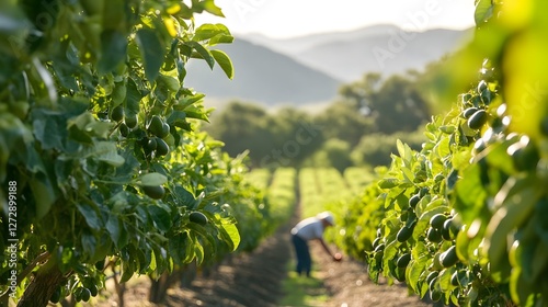 Verdant Avocado Orchard in Coastal California with Farmer Inspecting Ripe Harvest under Bright Natural Light