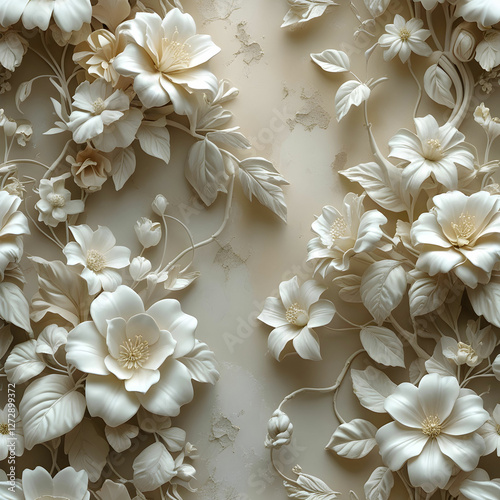 A beautiful fantasy vintage flower wallpaper featuring intricate 3D-modeled flowers and leaves in a white color variation.