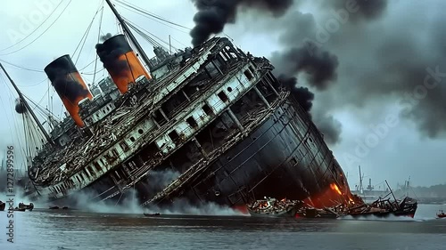 A shipwreck smolders in the water, showcasing destruction and decay.