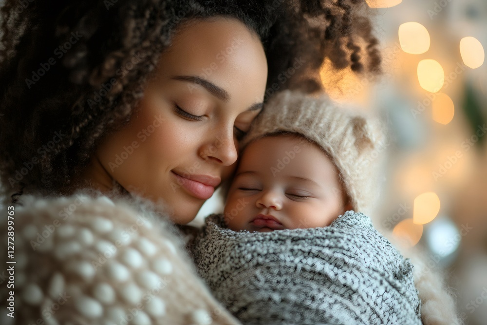 Mother holding her sleeping baby close to her face with Christmas lights in the background Mother holding her sleeping baby close to her face with Christmas lights in the background