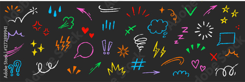 Line movement comic element, cartoon emotion mark effect decoration icon. Hand drawn cute doodle line element arrow, heart, speech bubble. Anime movement, express shape. Vector illustration