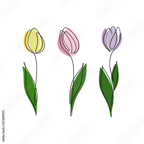 The tulip is drawn in one continuous line manually. Color illustration of spring multicolored flowers, vector. Botanical blooming element for decoration, greeting card, banner, holiday, icon set
