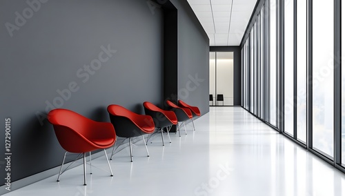 Modern office waiting area with red chairs (1) photo