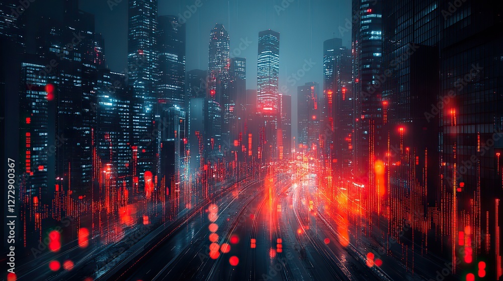 Obraz premium financial growth,real estate investment concept with stock market charts,data overlaid on modern city skyscrapers double exposure