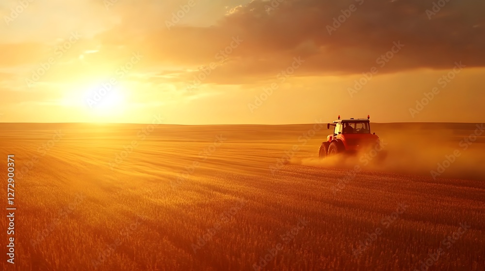 Fototapeta premium Hardworking Farmer Drives Powerful Red Tractor Across Vast Golden Wheat Field at Vibrant Sunset