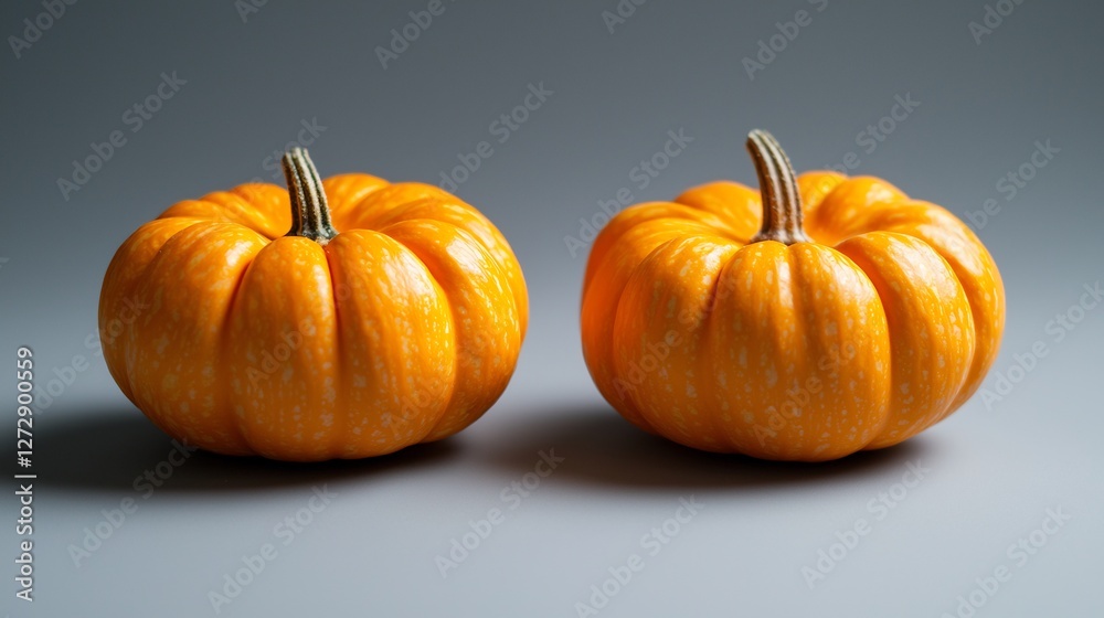 Close Up View Of Two Mini Pumpkins In Orange Color On Grey Background Close Up View Of Two Mini Pumpkins In Orange Color On Grey Background