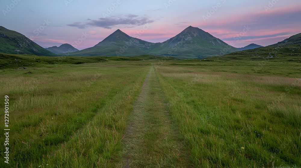 Obraz premium Narrow dirt path leads through a green grassy valley towards twin mountain peaks under a colorful sunset sky.
